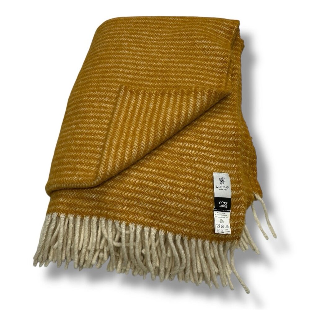 Klippan Eco Wool Lambswool Throw Blanket 73x54" Fringe Goldenrod Yellow Stripe